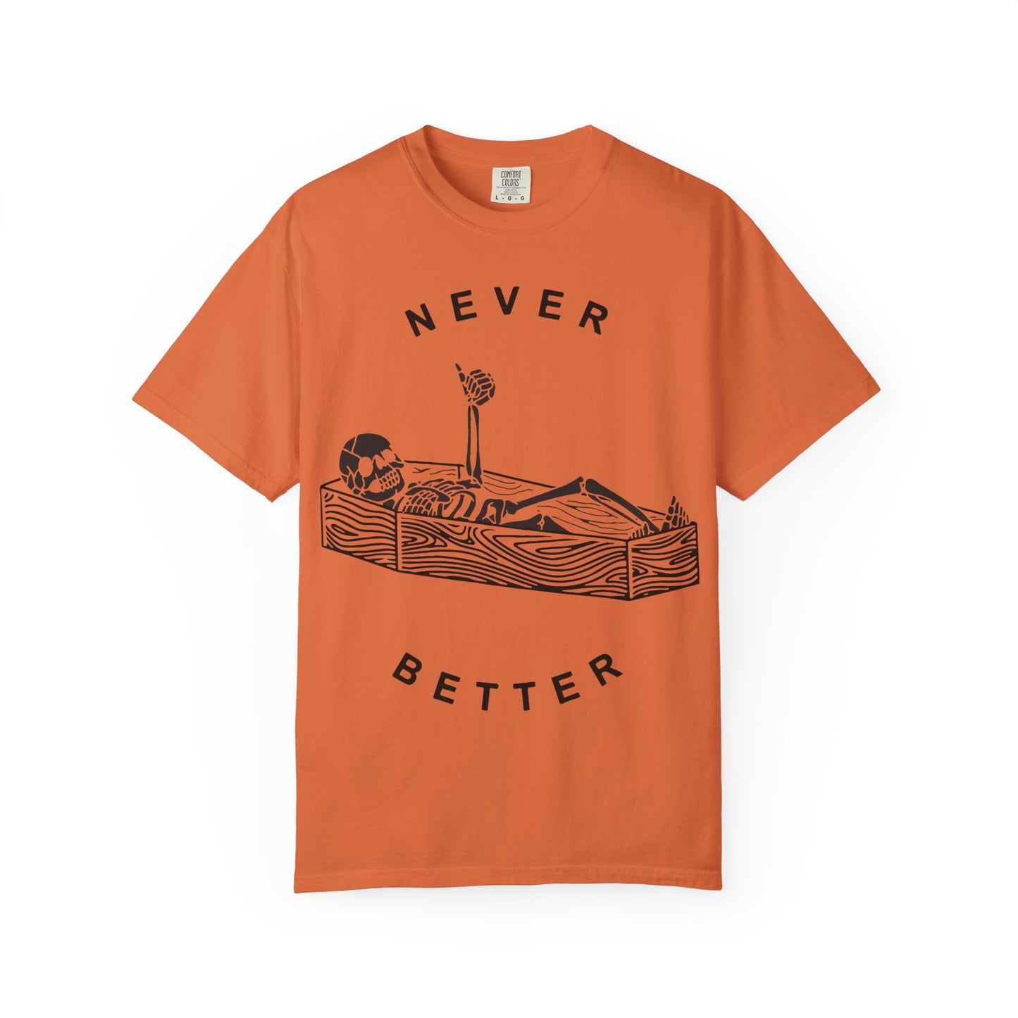 Halloween t-shirts never better skeleton giving a thumbs up in a casket