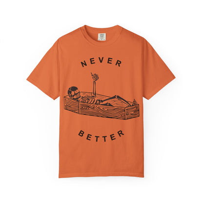Halloween t-shirts never better skeleton giving a thumbs up in a casket