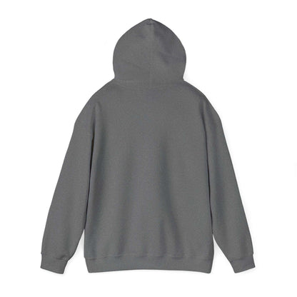 Unisex heavy blend hooded sweatshirt in gray, back view, showcasing soft cotton-polyester fabric.