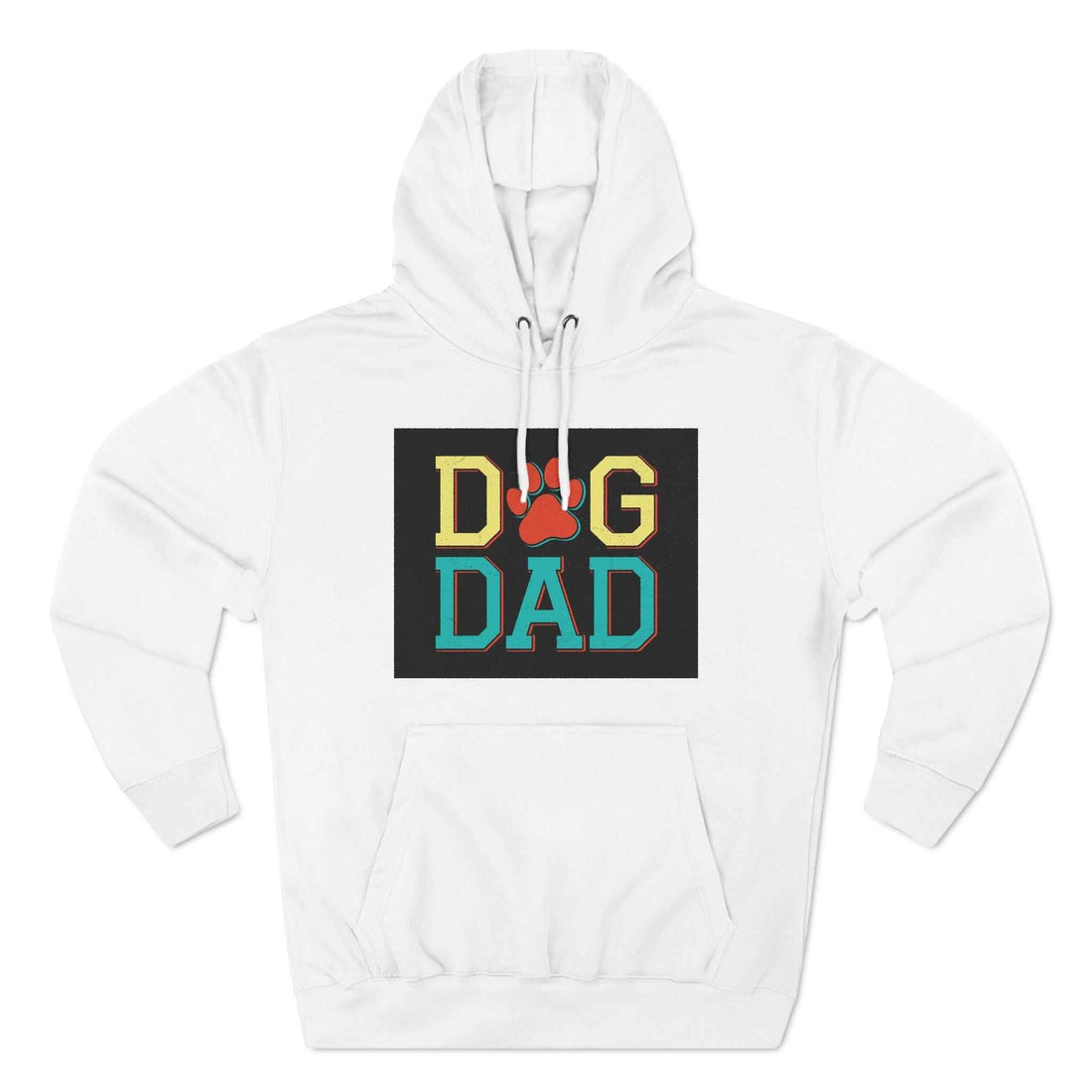 Three-Panel Fleece Hoodie with "Dog Dad" design, cozy pullover in white.