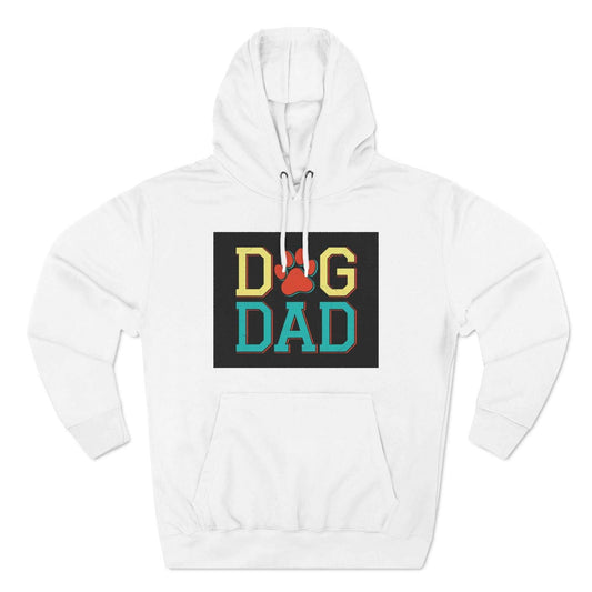 Three-Panel Fleece Hoodie with "Dog Dad" design, cozy pullover in white.
