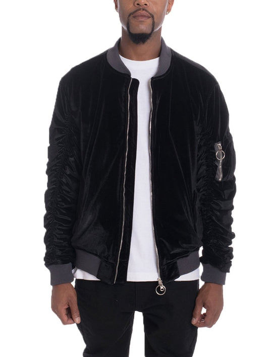 Velour Cinch Sleeve Bomber Jacket - Stylish & Comfortable