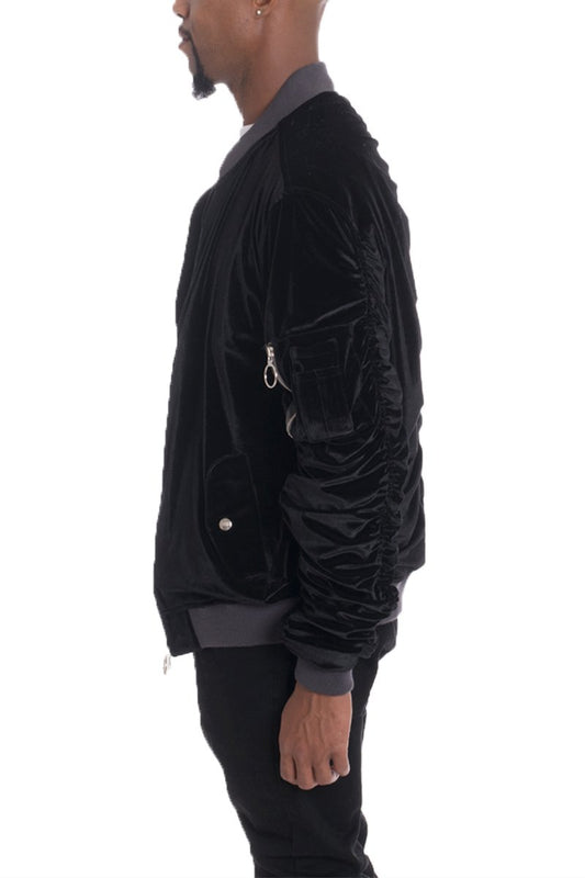 Velour Cinch Sleeve Bomber Jacket - Stylish & Comfortable