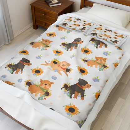 Velveteen plush blanket with dog-themed print for home warmth and comfort.