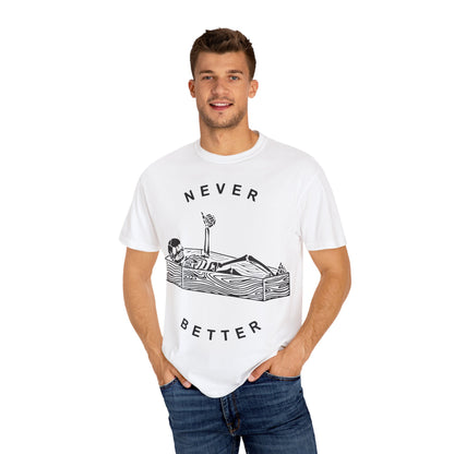 Halloween t-shirts never better skeleton giving a thumbs up in a casket
