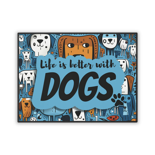 Pet mat with colorful dog design, "Life is better with dogs" text, non-slip backing, 18" x 24".