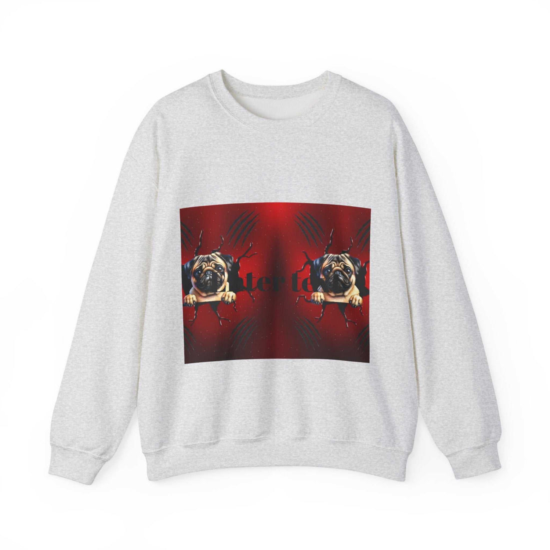 White sweatshirt featuring a pug dog graphic, perfect for dog lovers.