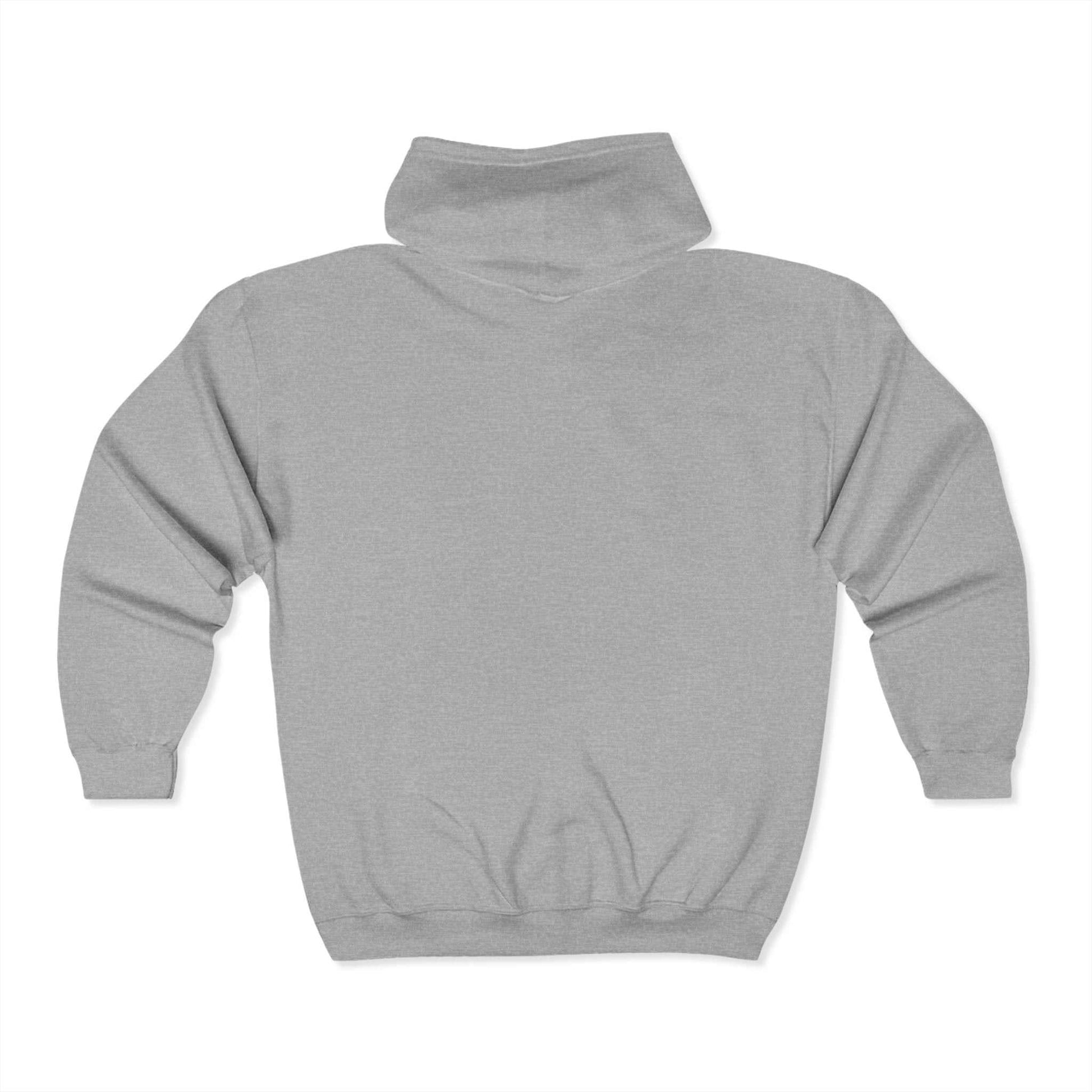 Unisex Heavy Blend™ Full Zip Hooded Sweatshirt in gray, back view with medium-heavy fabric and classic fit.