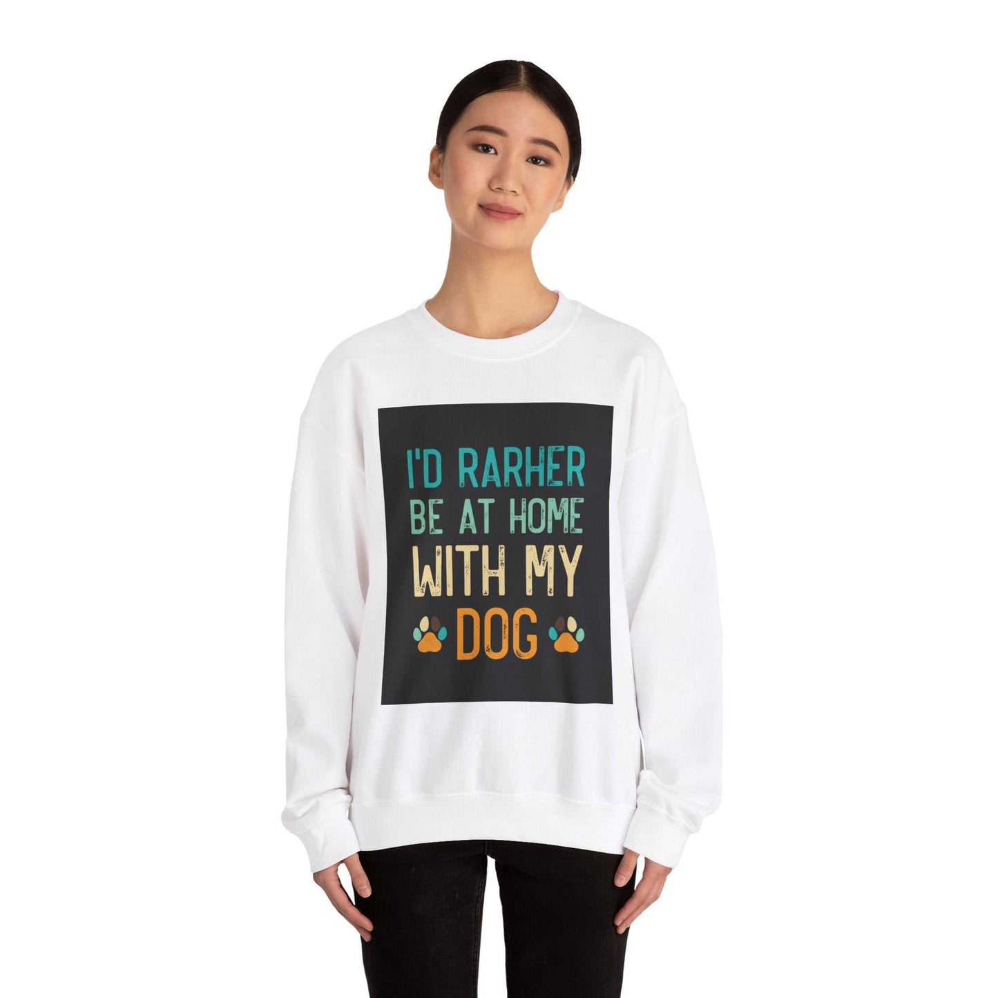 Unisex Heavy Blend™ Crewneck Sweatshirt with dog-themed text design, white, worn by a person.