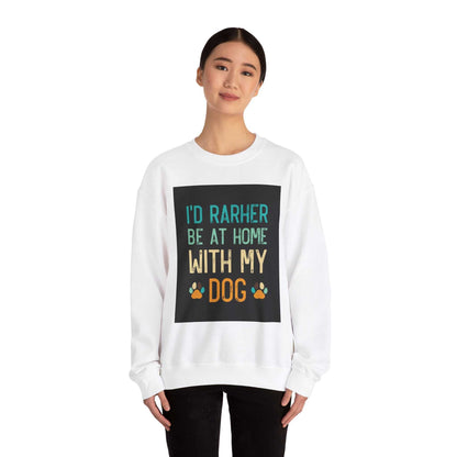 Unisex Heavy Blend™ Crewneck Sweatshirt with dog-themed text design, white, worn by a person.