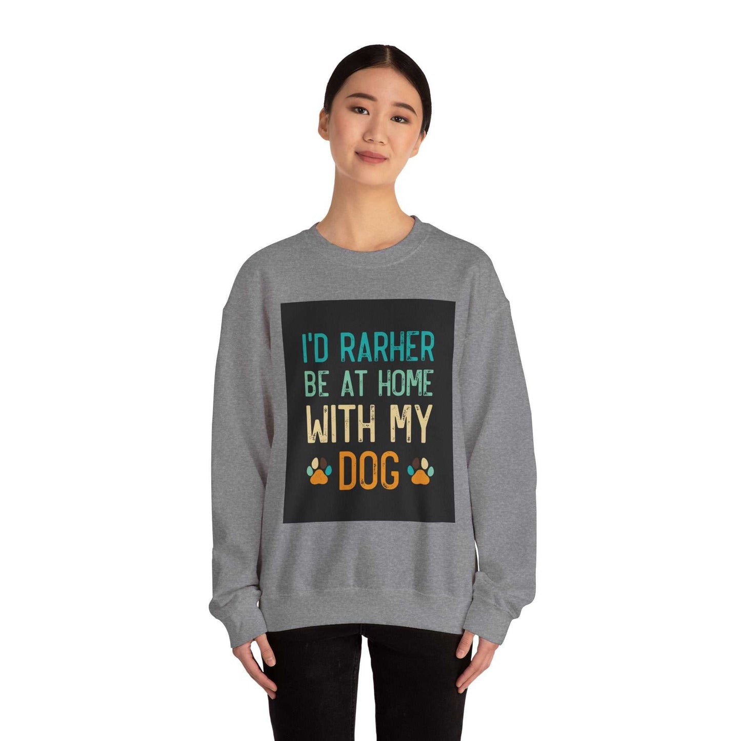 Unisex Heavy Blend™ Crewneck Sweatshirt with "I'd Rather Be at Home with My Dog" print, cozy cotton-poly blend.