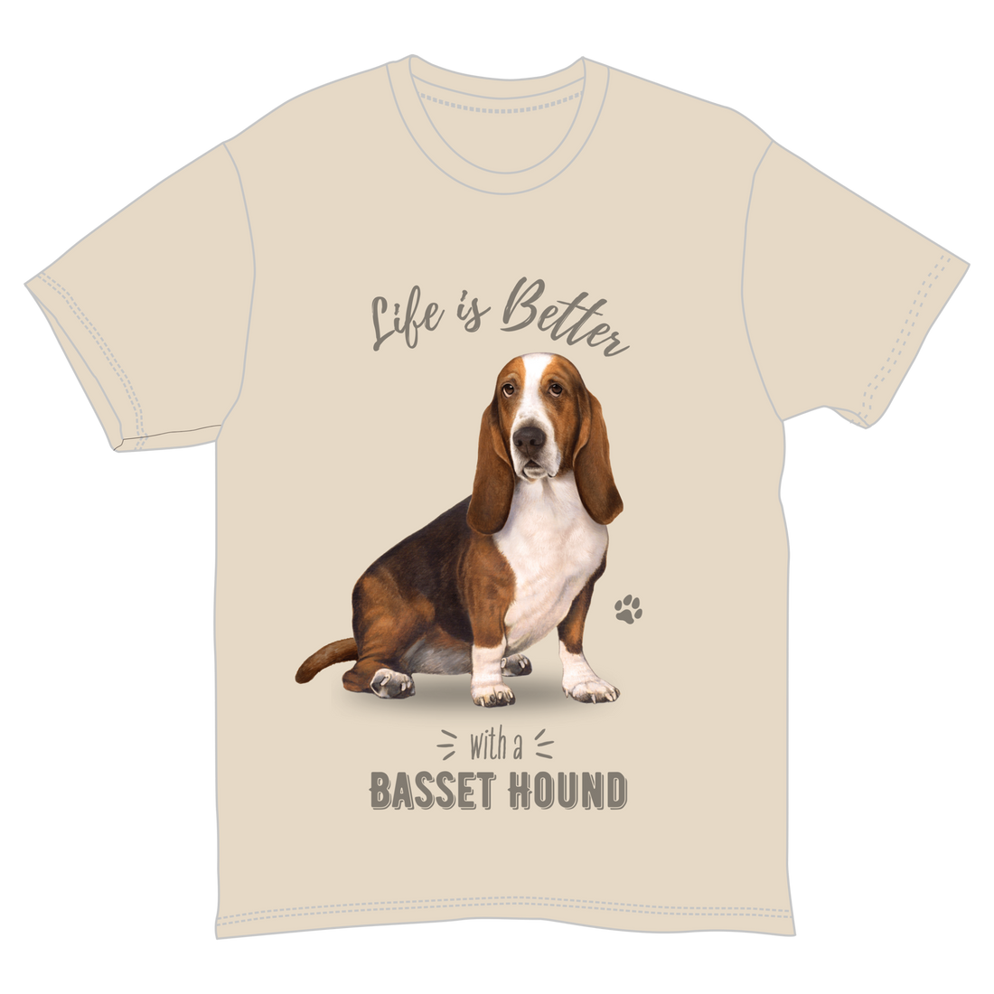 Basset Hound pet lover unisex T-shirt, 100% cotton, featuring dog graphic and "Life is Better with a Basset Hound" text.