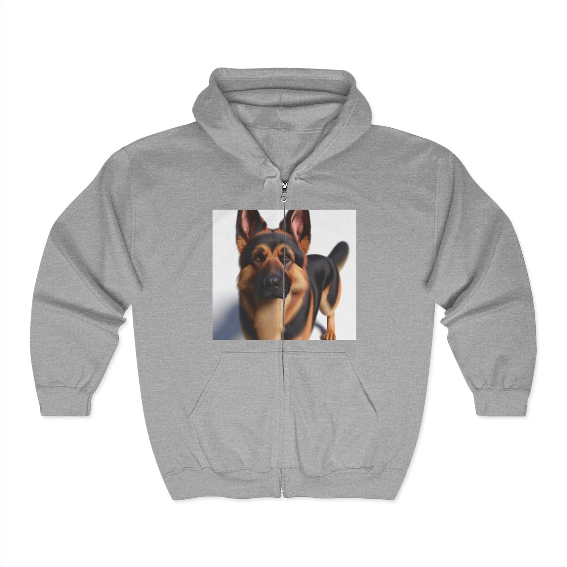 Unisex Heavy Blend™ full zip hooded sweatshirt in gray featuring a German Shepherd graphic on the front, made of soft fleece for comfort.