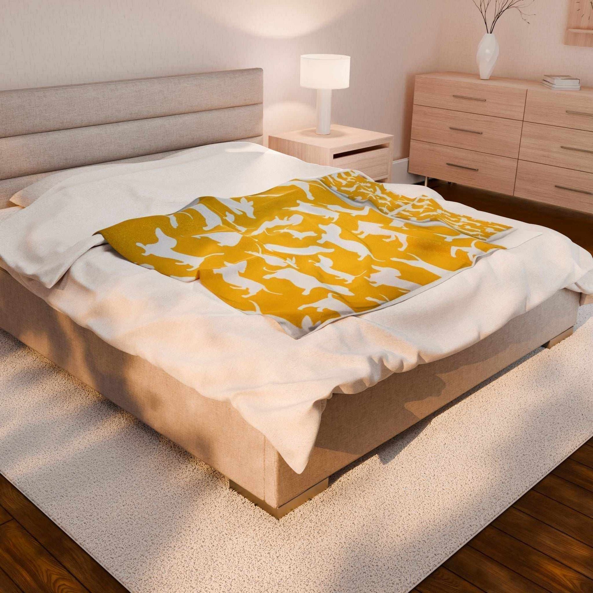 Velveteen plush blanket with dog lover print on bed, soft and cozy home decor.