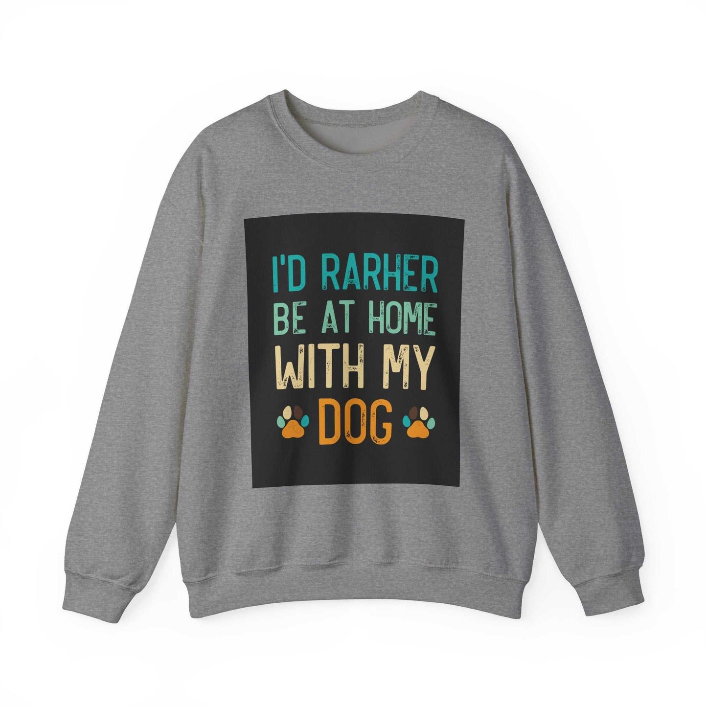 Unisex Heavy Blend™ Crewneck Sweatshirt with dog-themed graphic text on front.