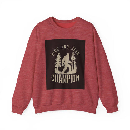 Unisex Heavy Blend™ Crewneck Sweatshirt in red with a "Hide and Seek Champion" graphic, made of polyester and cotton.