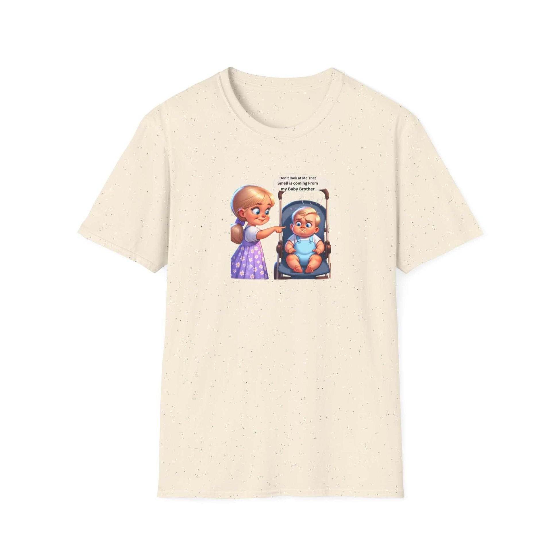 Unisex Softstyle T-Shirt with cartoon graphic, off-white color, crew neck.