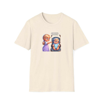 Unisex Softstyle T-Shirt with cartoon graphic, off-white color, crew neck.