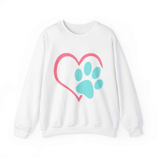 Unisex Heavy Blend™ Crewneck Sweatshirt with heart and paw print design, made of 50% cotton and 50% polyester for comfort and durability.