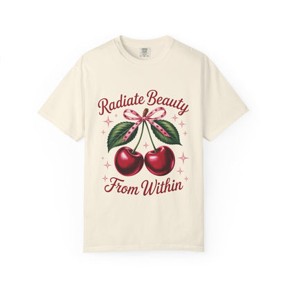 Radiate Beauty Cherry T-Shirt | Unisex Tee, Gift for Her, Positive Affirmation, Summer Fashion, Cute Graphic Tee