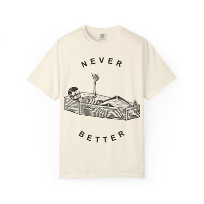 Halloween t-shirts never better skeleton giving a thumbs up in a casket