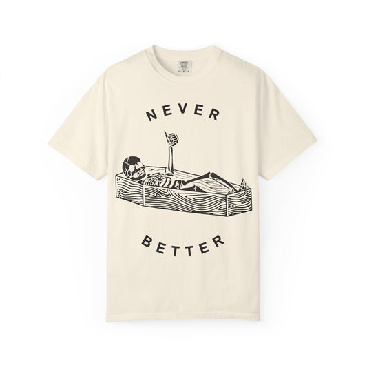 Halloween t-shirts never better skeleton giving a thumbs up in a casket