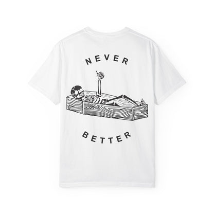 Halloween t-shirts never better skeleton giving a thumbs up in a casket