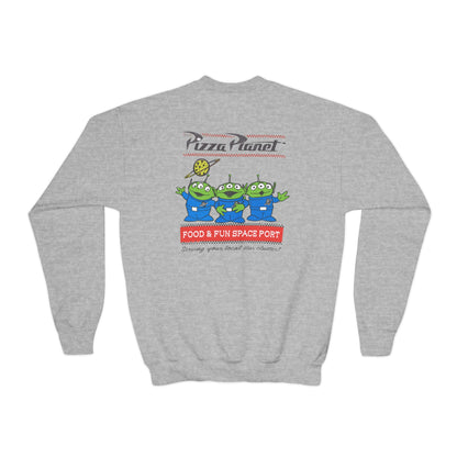 Pizza Planet Youth Crewneck Sweatshirt | Fun & Playful Gift for Kids, Space Theme Apparel, Ideal for Birthdays, Halloween, Everyday Wear