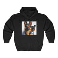 Unisex Heavy Blend™ Full Zip Hooded Sweatshirt with dog graphic, black color.
