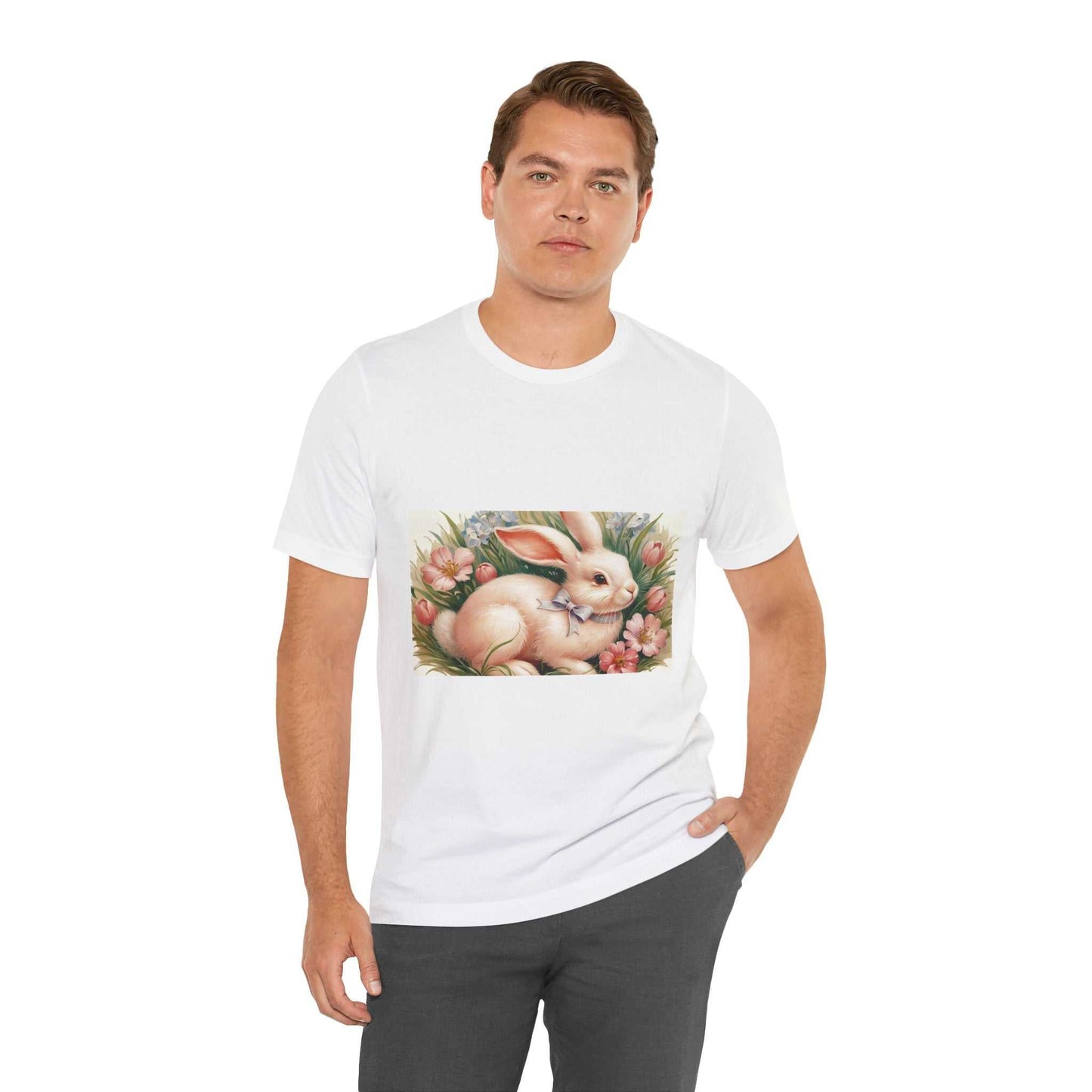 Spring Bunny Short Sleeve Tee with floral design for Easter, worn by a person.