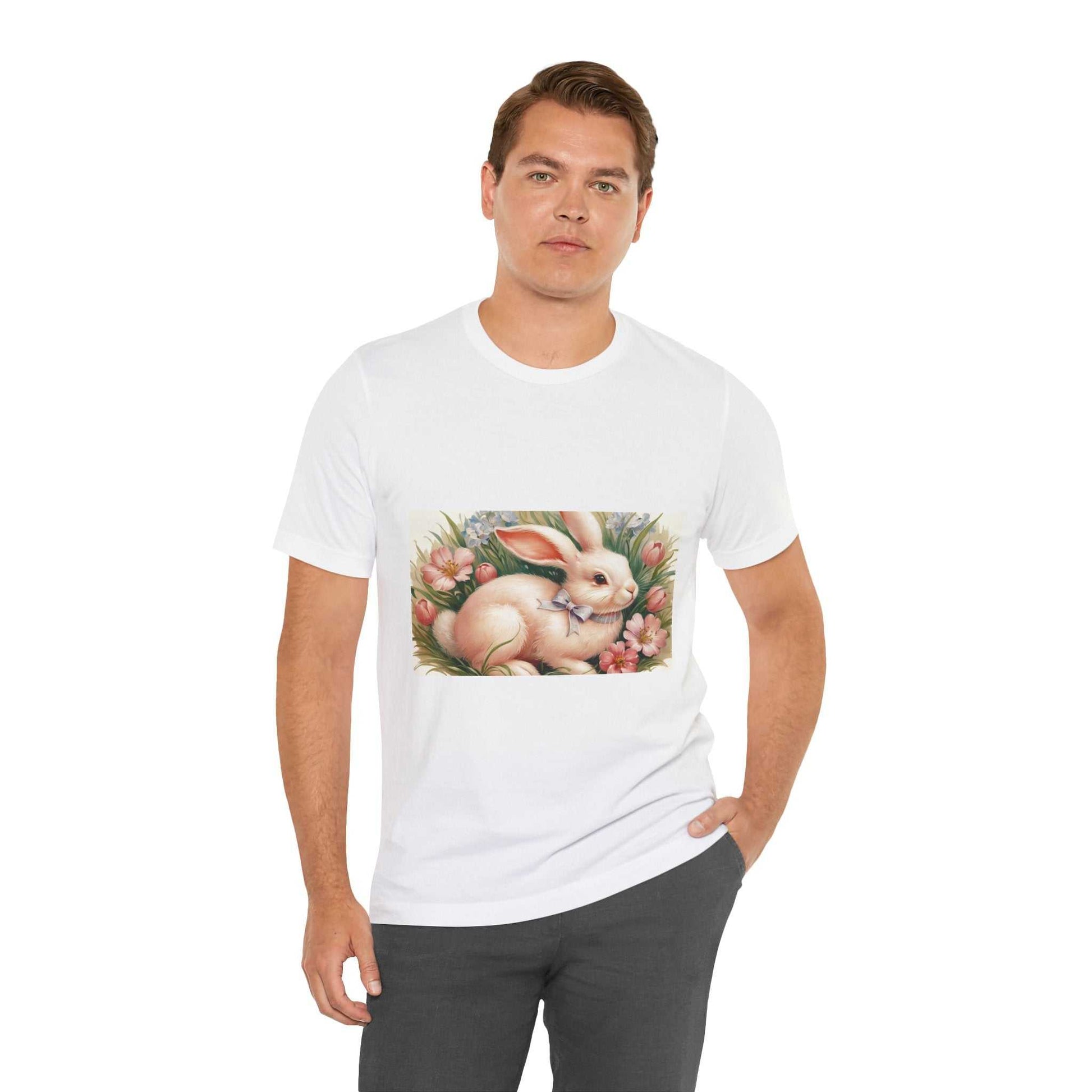 Spring Bunny Short Sleeve Tee with floral design for Easter, worn by a person.