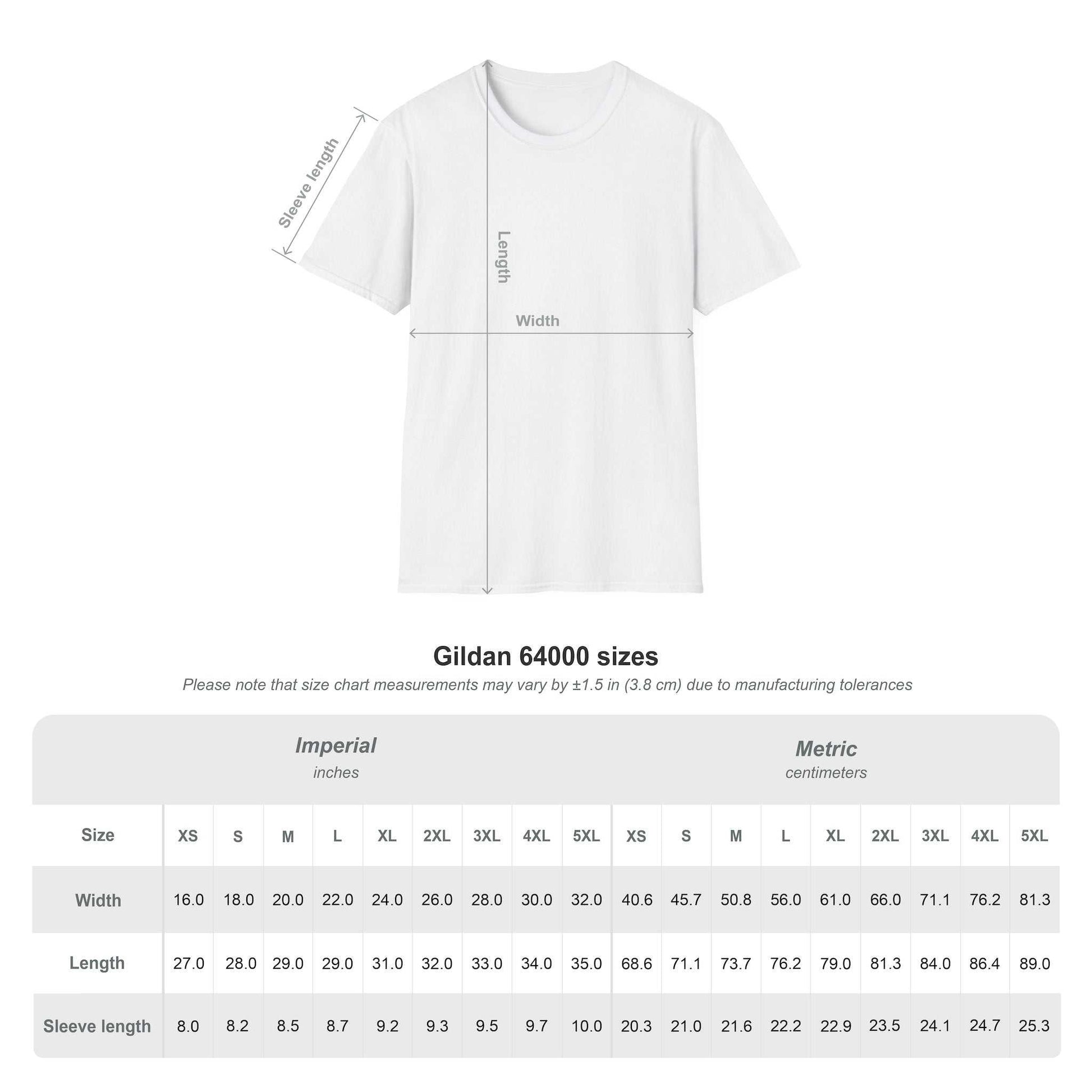 Unisex Softstyle T-Shirt size chart and measurements for comfortable fit.