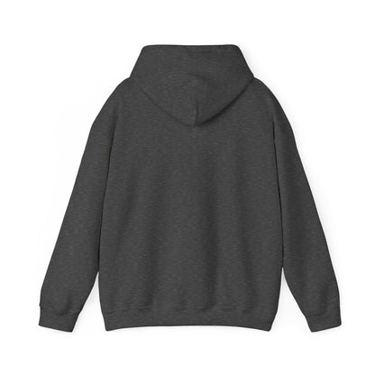 Unisex heavy blended sweatshirt with hood in dark grey, showcasing back view.