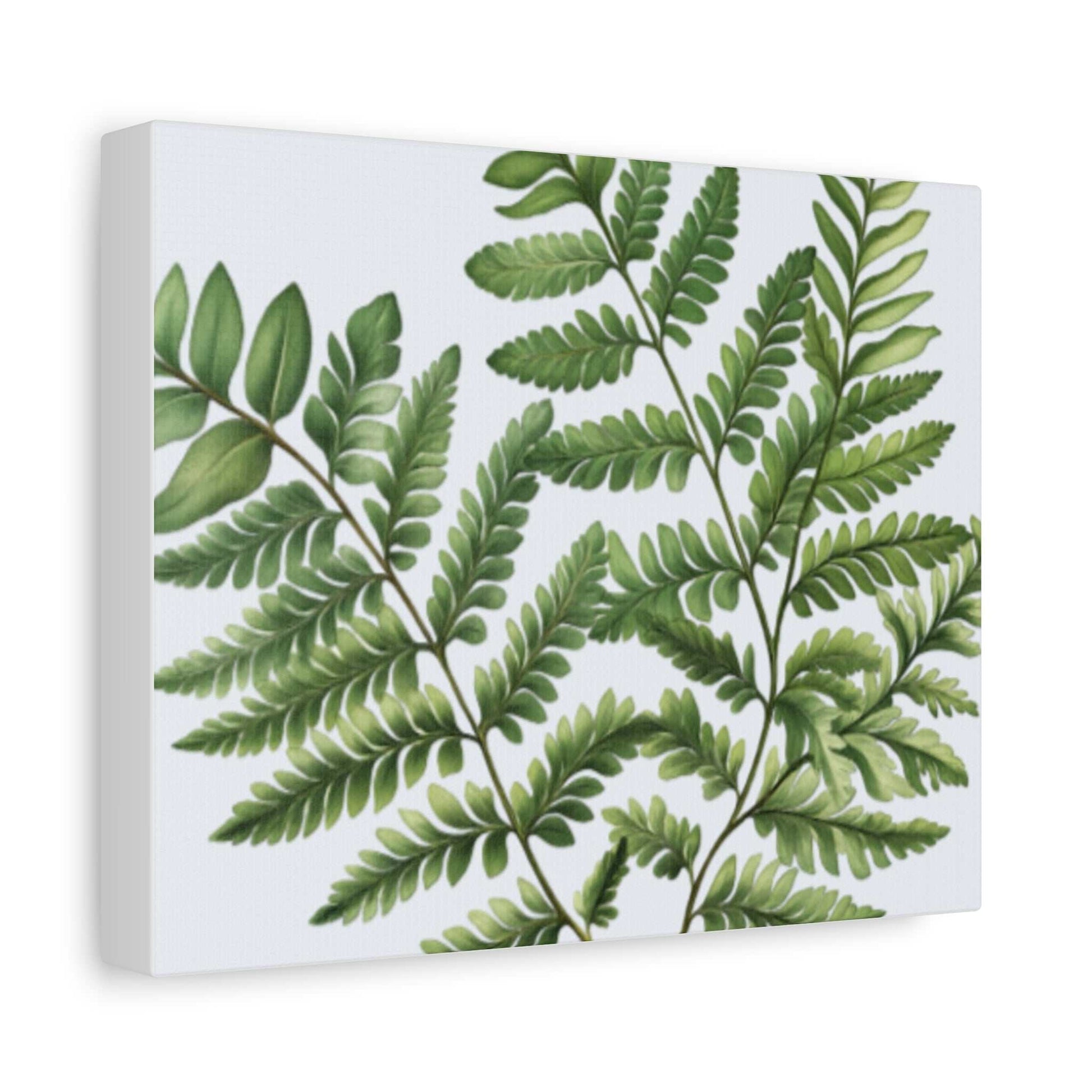 Matte canvas with green leaves design, stretched and ready to hang, made from cotton-polyester composite and pine wood.