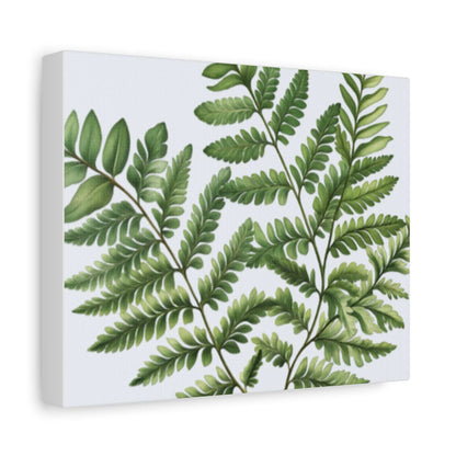 Matte canvas with green leaves design, stretched and ready to hang, made from cotton-polyester composite and pine wood.