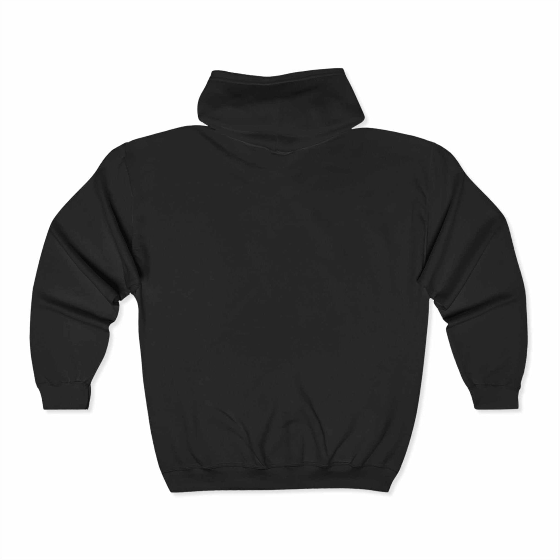 Unisex Heavy Blend™ Full Zip Hooded Sweatshirt in black, rear view showcasing soft fleece material.
