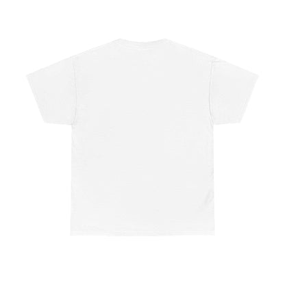 Unisex heavy cotton tee, white, back view, blank for customization, dog-themed potential design.