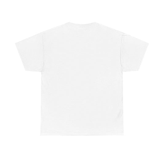 Unisex heavy cotton tee, white, back view, blank for customization, dog-themed potential design.