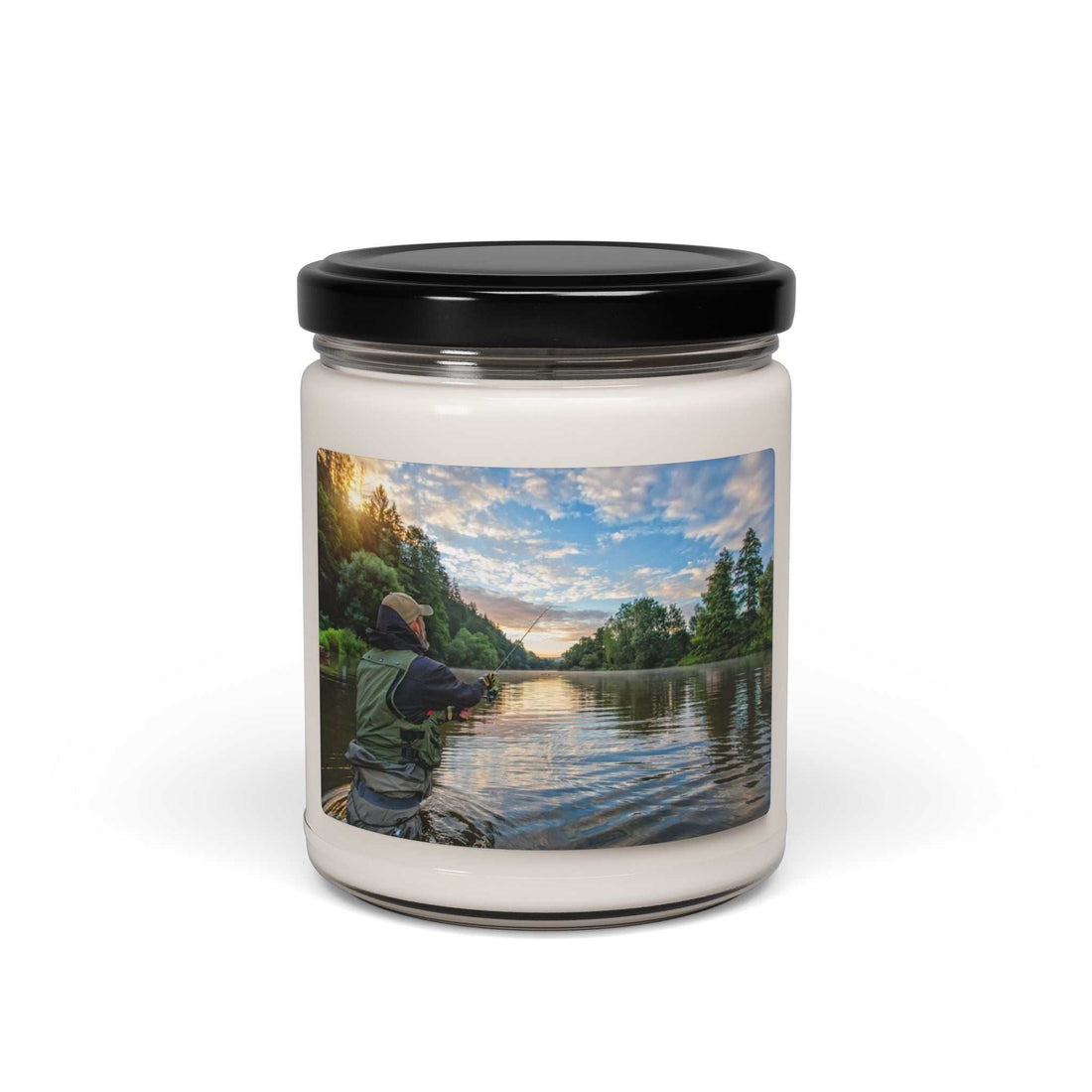 Scented soy candle 9 oz in a glass jar with an adhesive label featuring a scenic nature image.