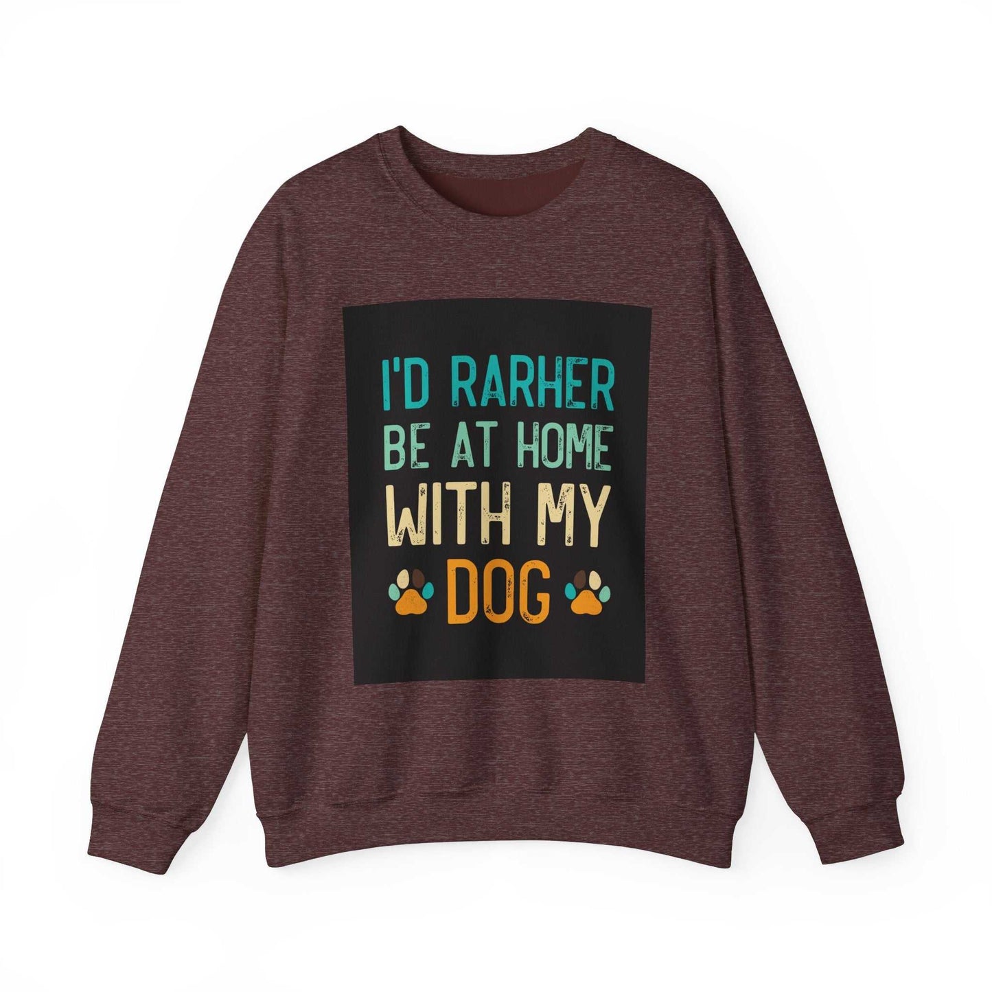 Unisex Heavy Blend™ Crewneck Sweatshirt with dog-themed print on maroon fabric.
