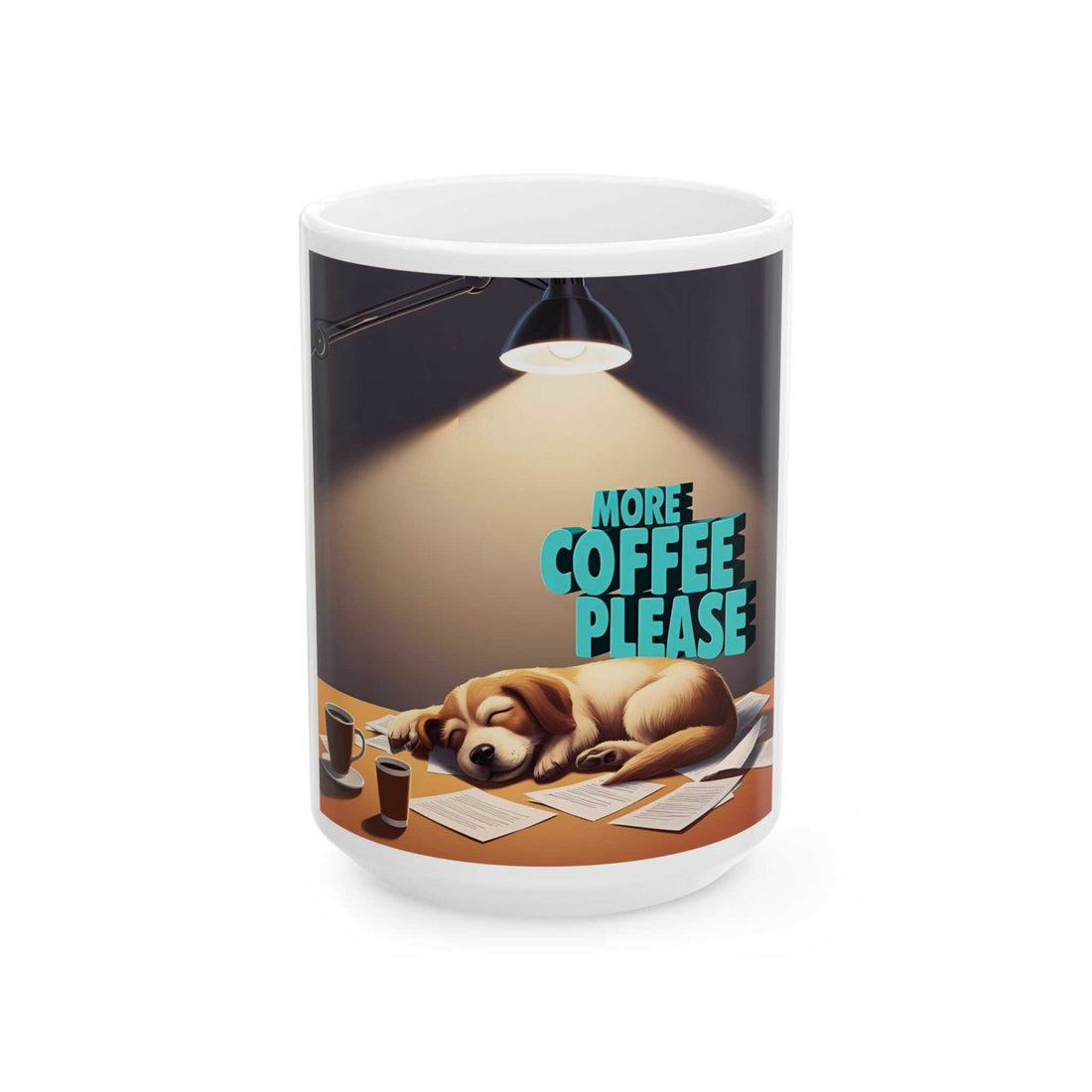 Cute dog coffee mug with "More Coffee Please" design, ideal gift for dog lovers, vibrant ceramic.