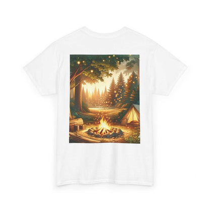 Unisex heavy cotton tee featuring a camping scene with tent and campfire.