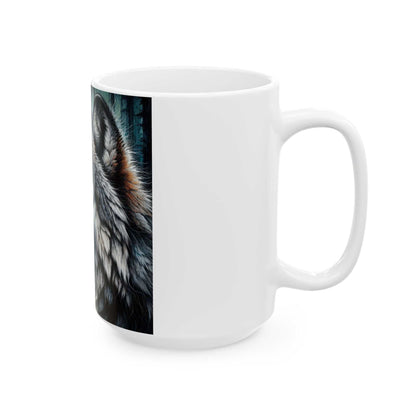 Majestic Wolf Ceramic Mug featuring vibrant nature design, available in 11oz and 15oz sizes, perfect for coffee enthusiasts.