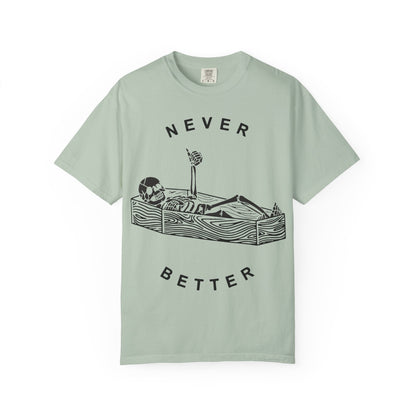 Halloween t-shirts never better skeleton giving a thumbs up in a casket