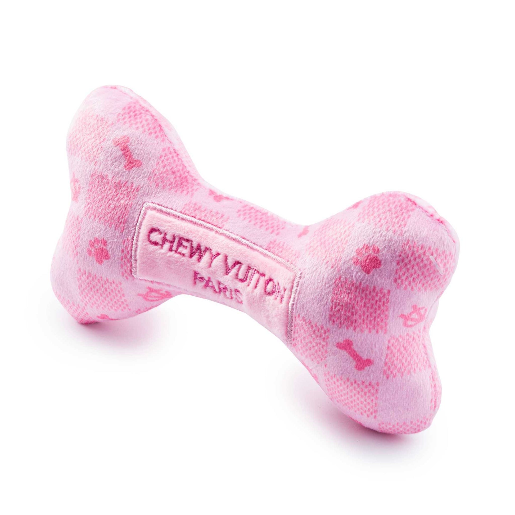 Luxurious pink checker dog toy bone by Haute Diggity Dog, plush and squeaky.