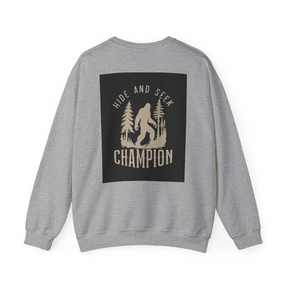 Unisex Heavy Blend™ Crewneck Sweatshirt with "Hide and Seek Champion" graphic on back.