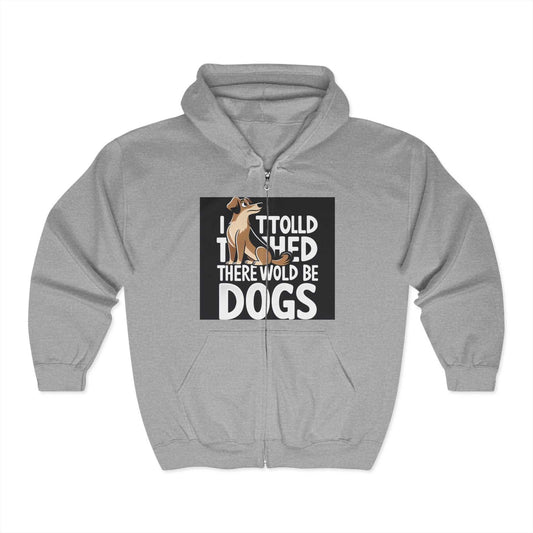 Dog Lover's Full Zip Hoodie with playful design, cozy unisex sweatshirt, adjustable hood, spacious pockets.