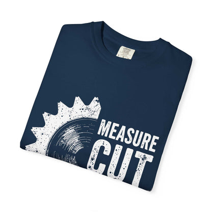 Comfort Colors 1717 unisex garment-dyed t-shirt in navy with "Measure, Cut" graphic, made from 100% ring-spun cotton for comfort and durability.