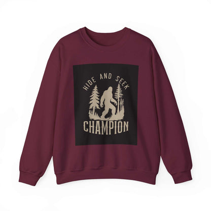 Unisex Heavy Blend™ Crewneck Sweatshirt with "Hide and Seek Champion" design in maroon color.