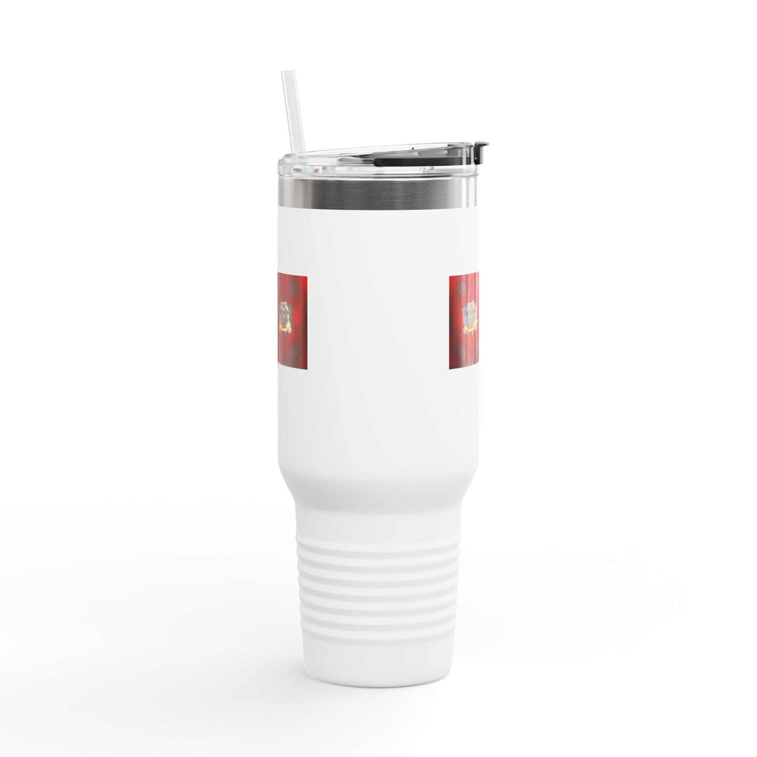 Insulated travel mug 40 oz stainless steel with lid and straw, white finish.